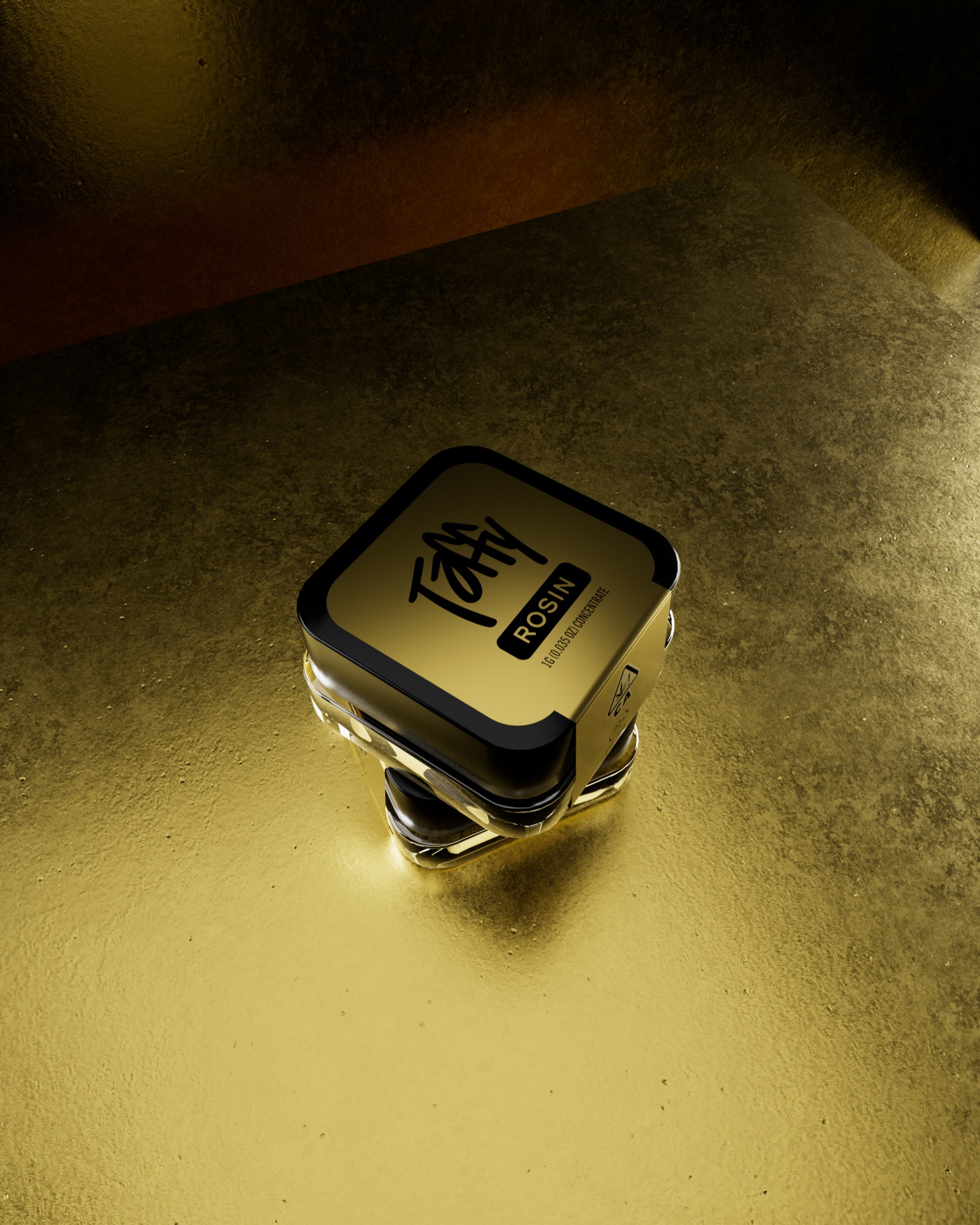 PRJ.01 — 3D product render of a gold concentrate jar on a gold surface