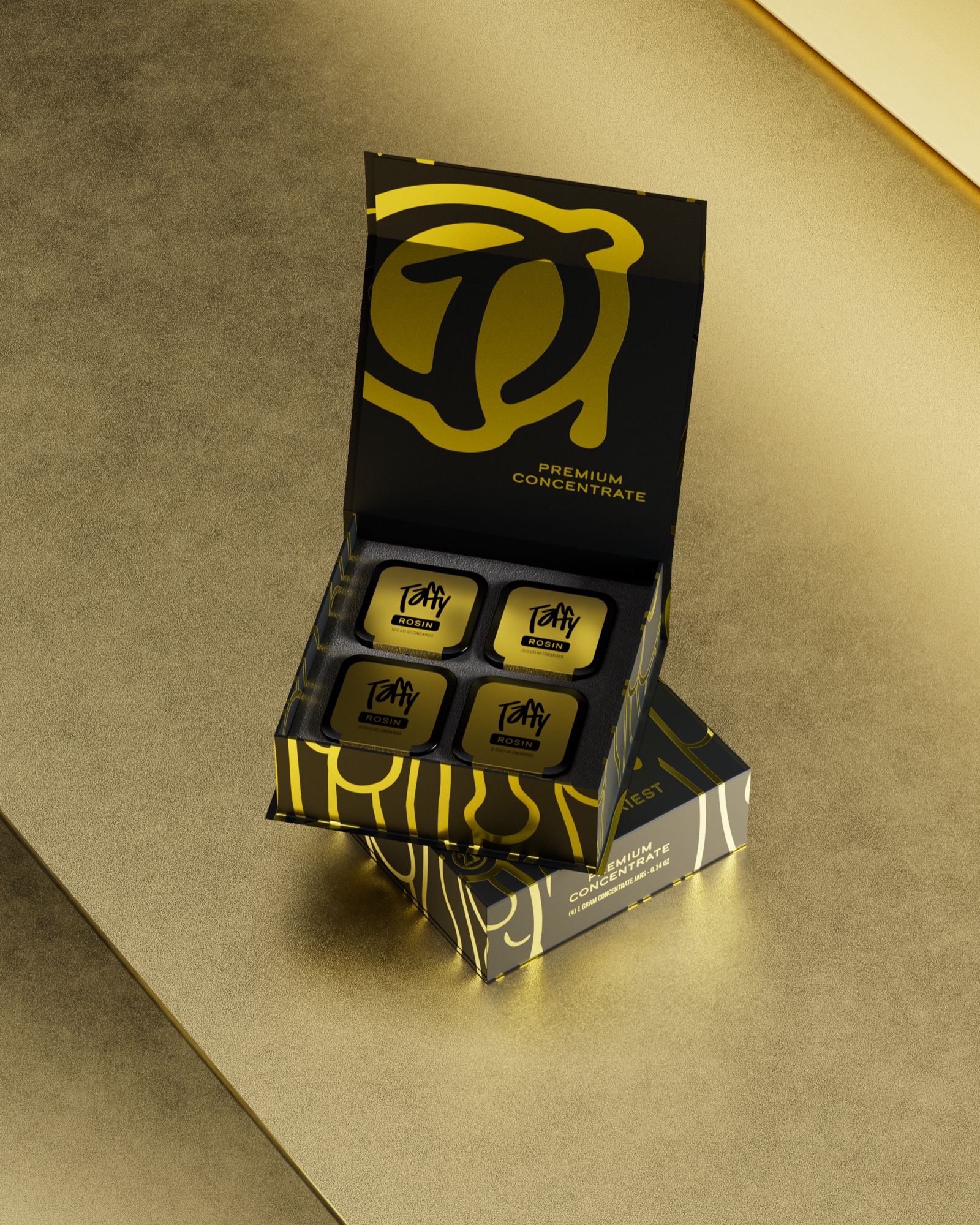 PRJ.02 — packaging render of a black and gold presentation box with jars