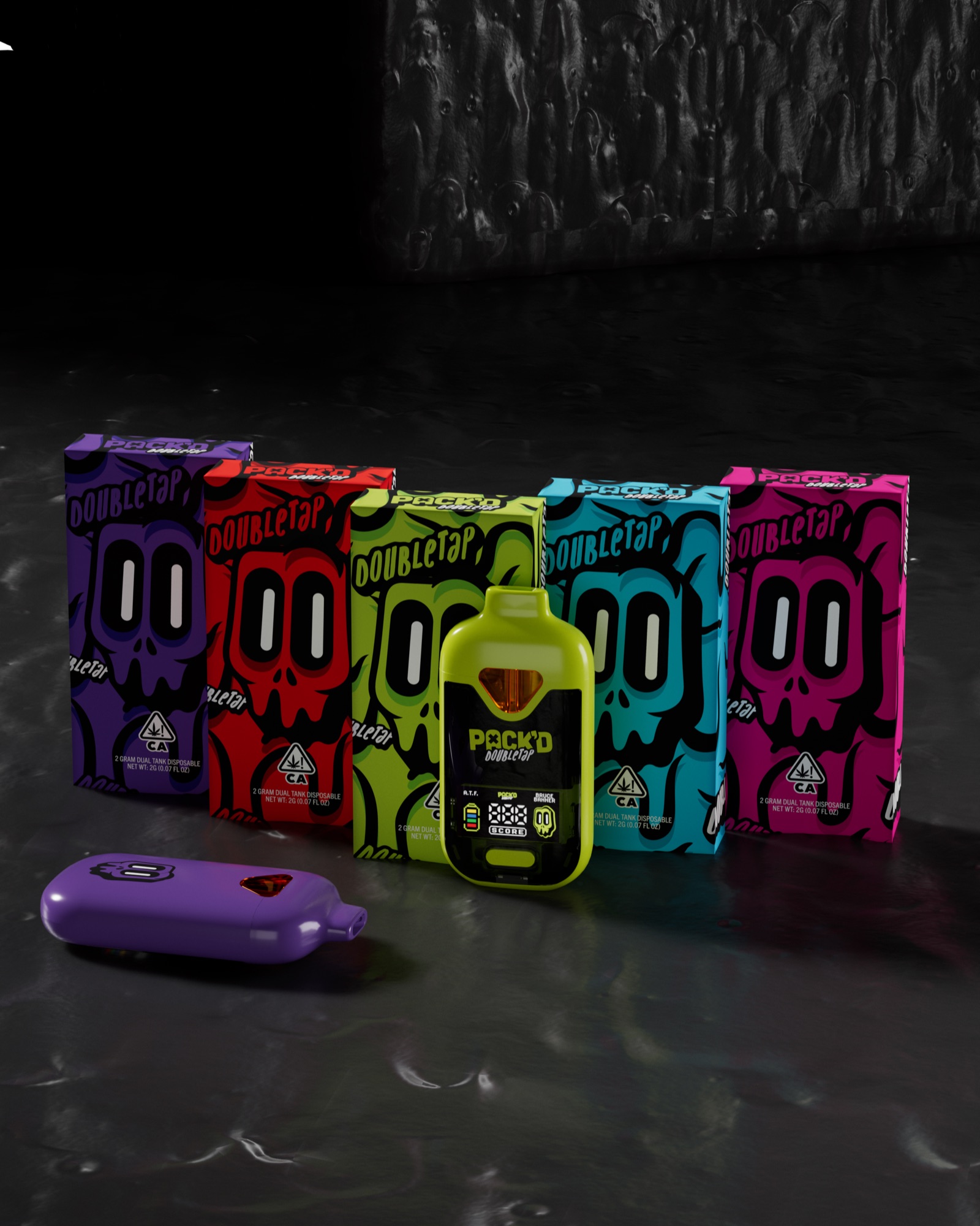 PRJ.03 — brand system lineup render with five package colorways and devices