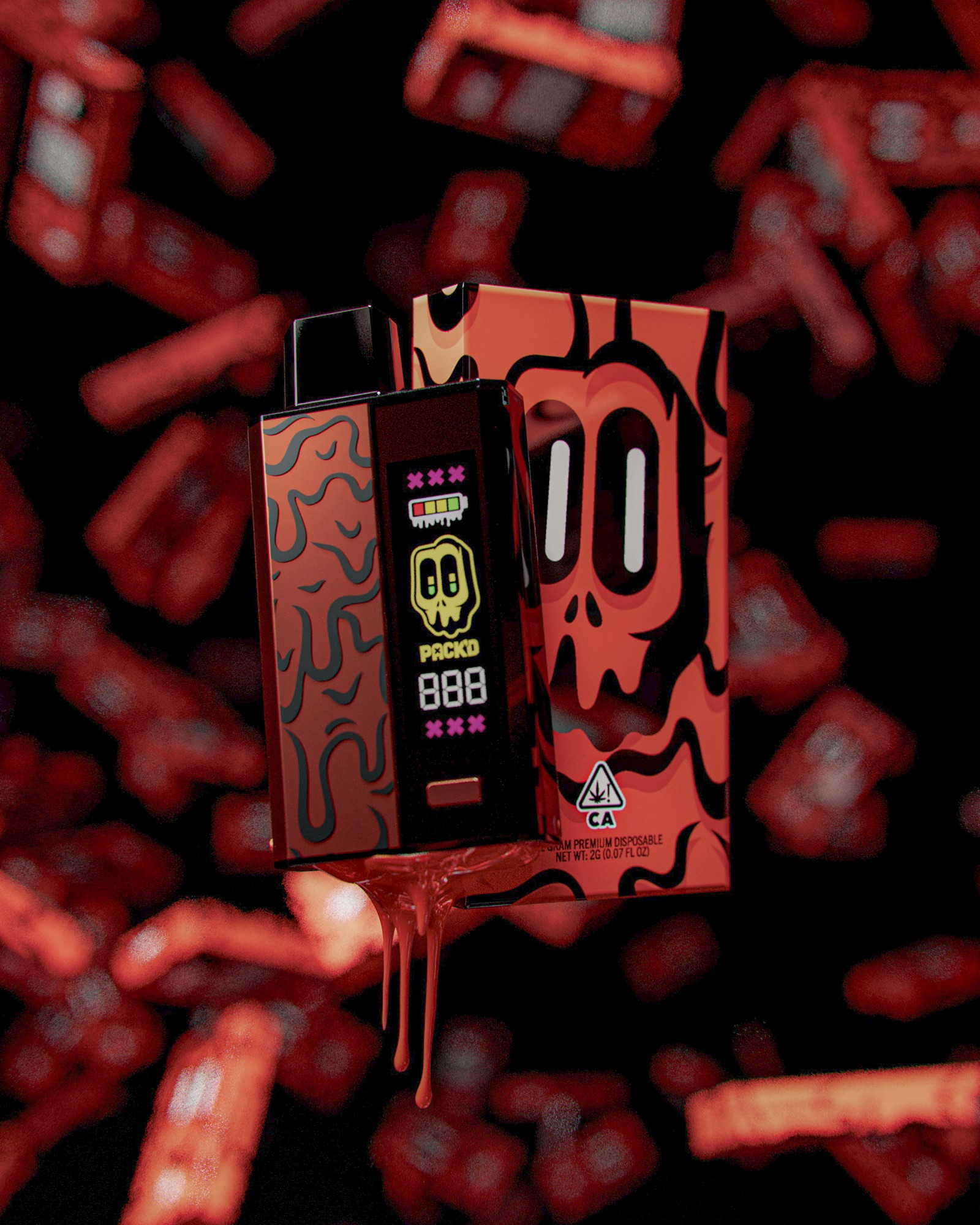 PRJ.04 — campaign render of red packaging floating over a black field