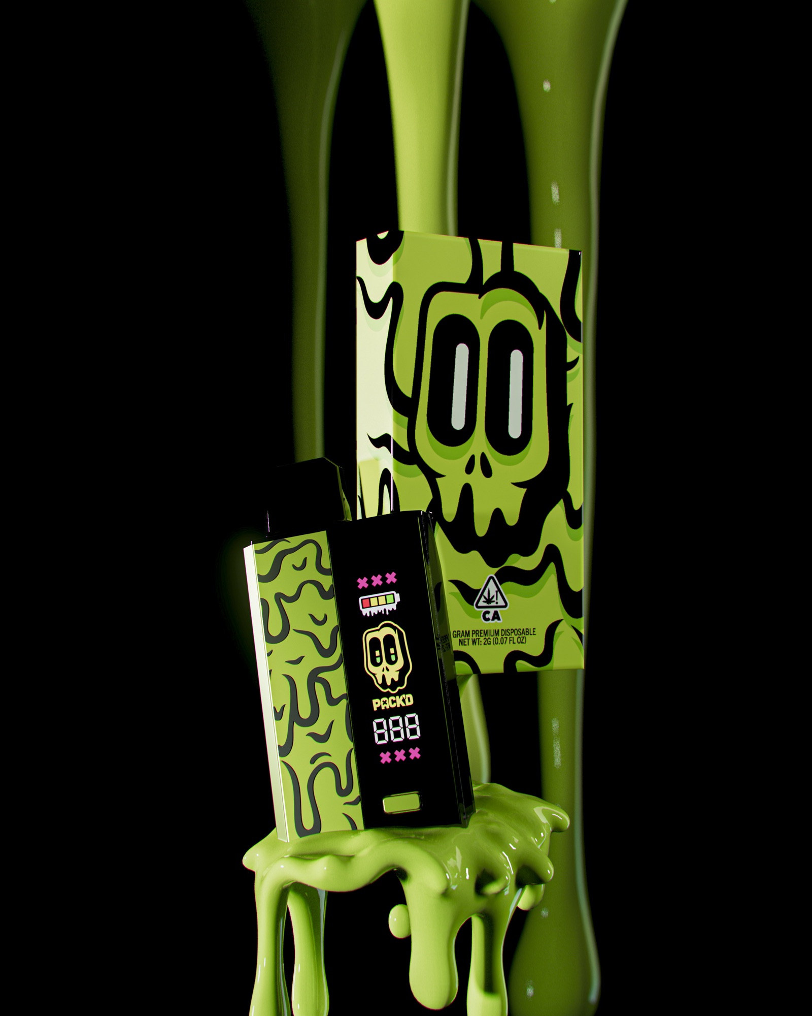 PRJ.05 — marketing render of a device on dripping green liquid