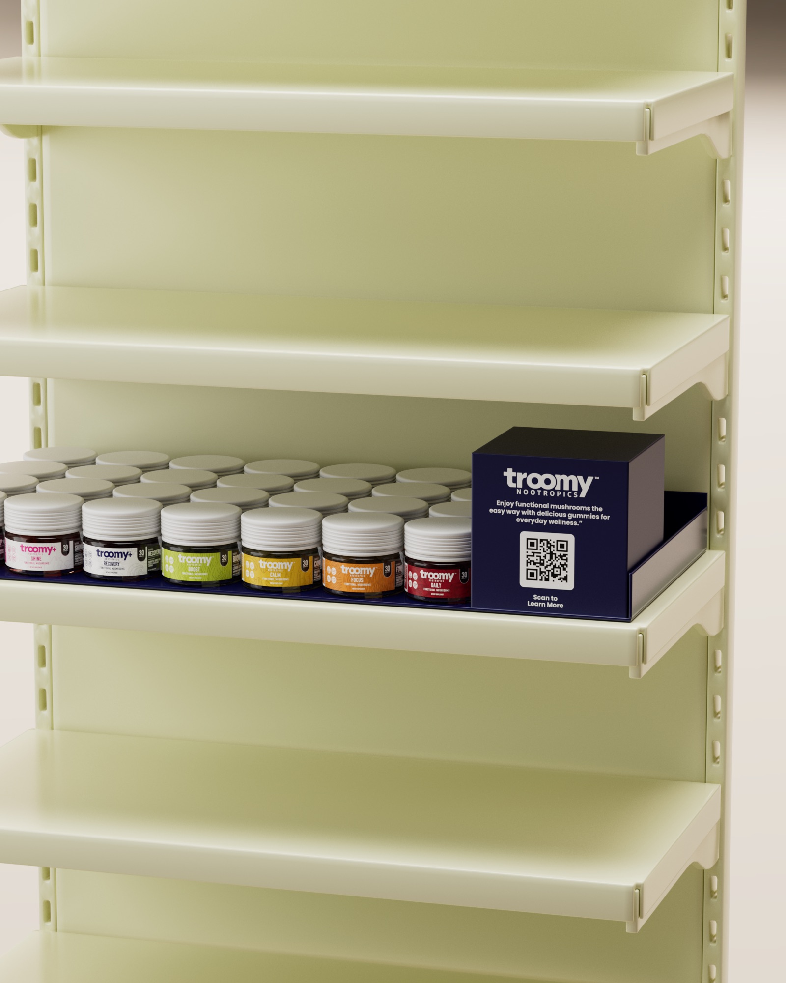 PRJ.06 — photoreal retail shelf render with branded jars and a display box