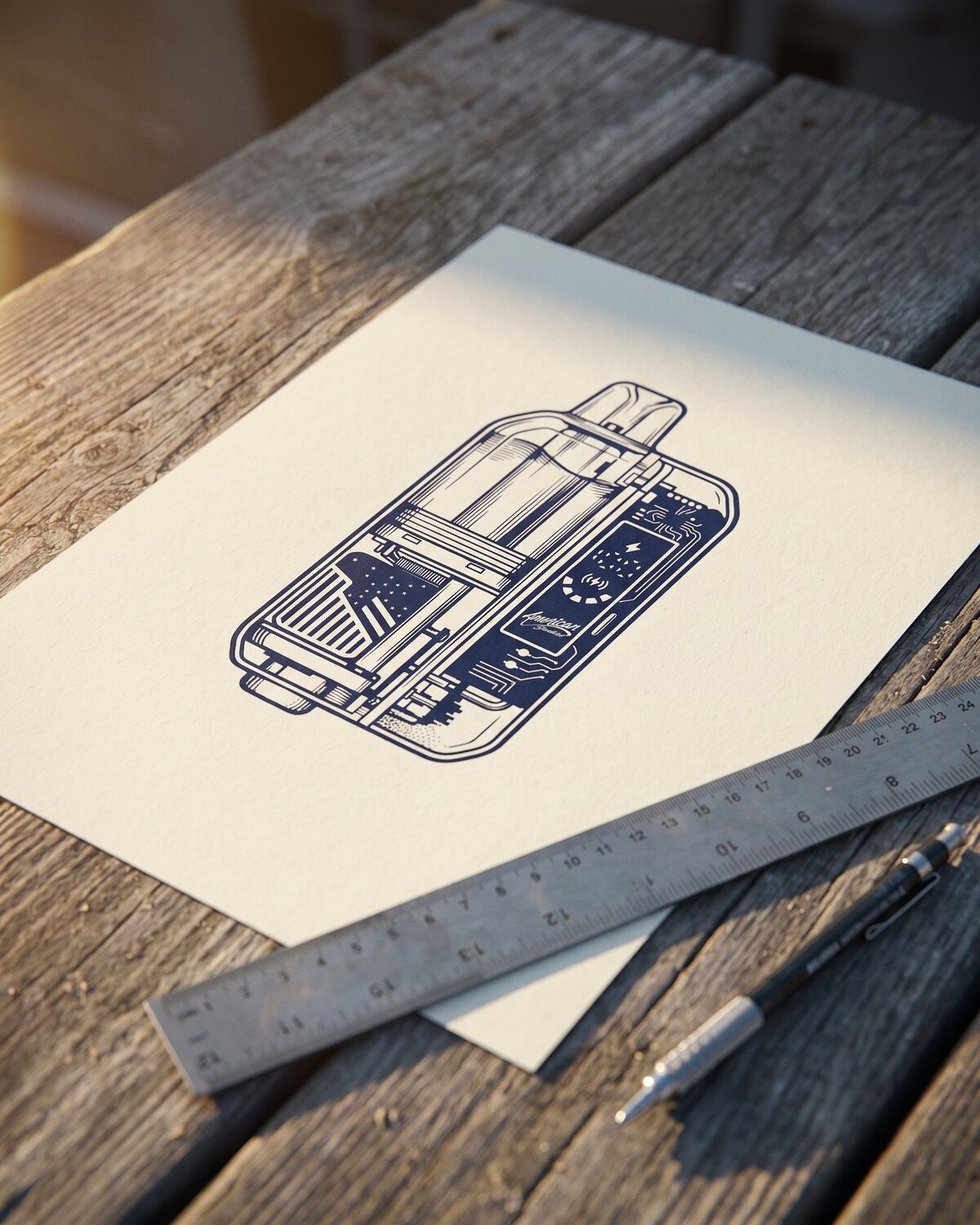 FIG.01 — the device illustration printed on a sheet, on a sunlit ranch workbench with a scale rule