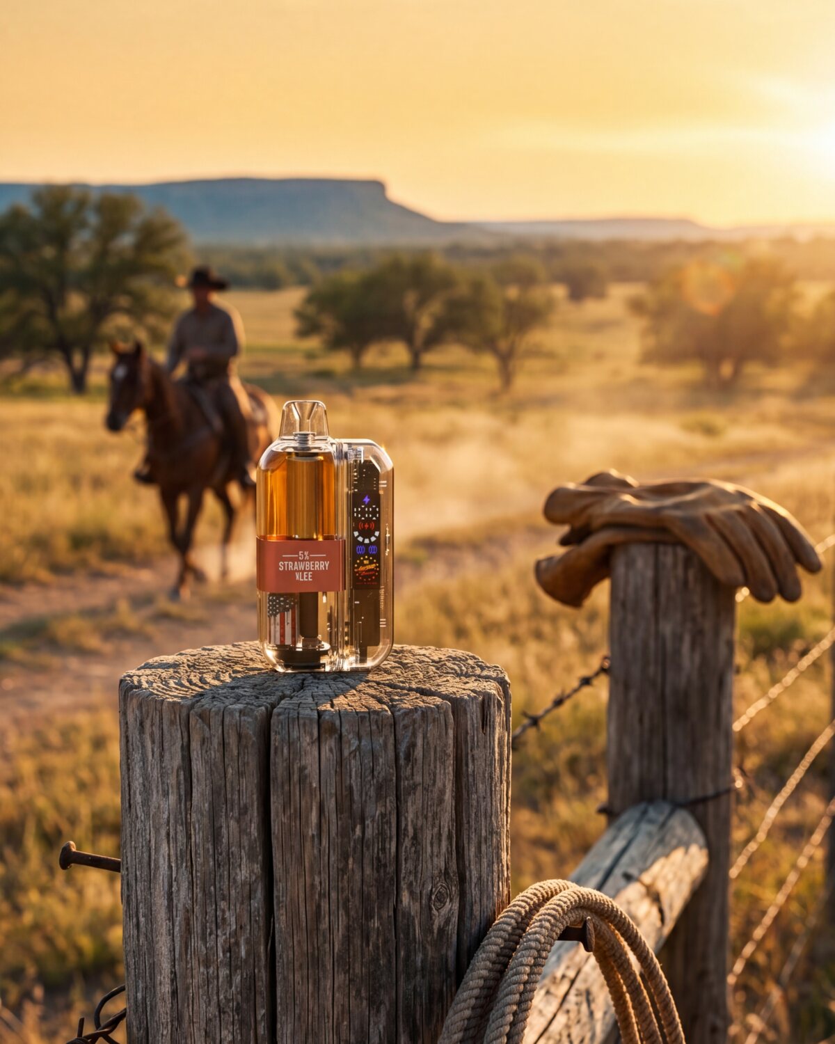 FIG.05 — the same SKU on a fence post at sunset, a rider crossing the pasture behind