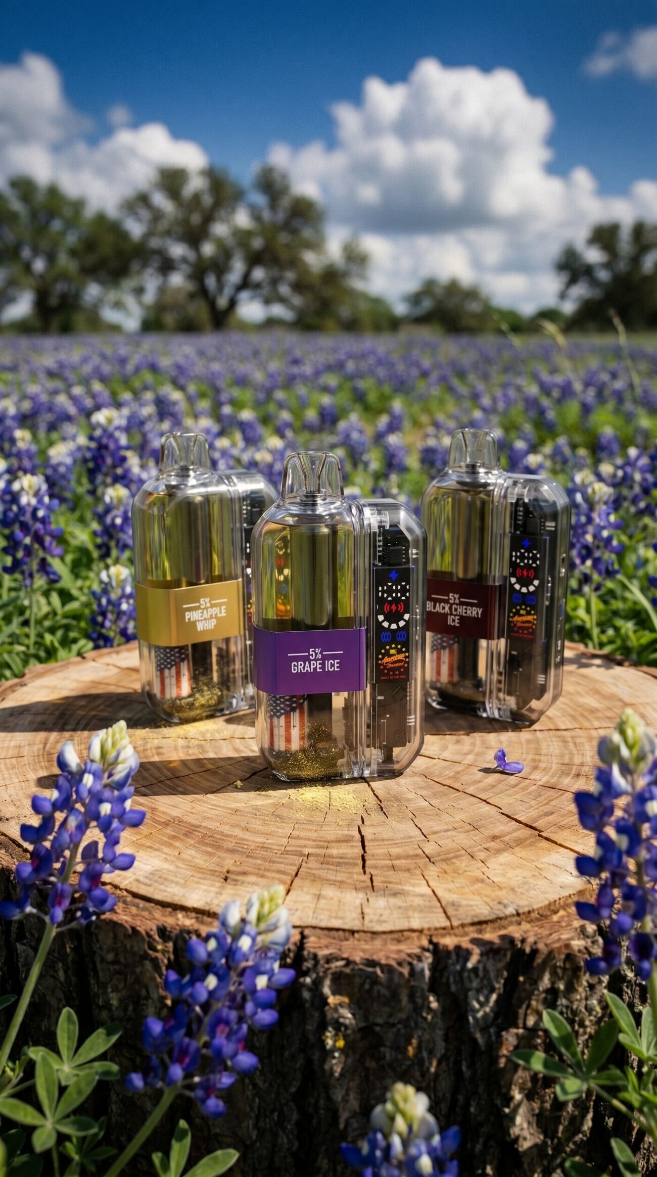 FIG.11 — three flavors on a cut stump in a field of Texas bluebonnets