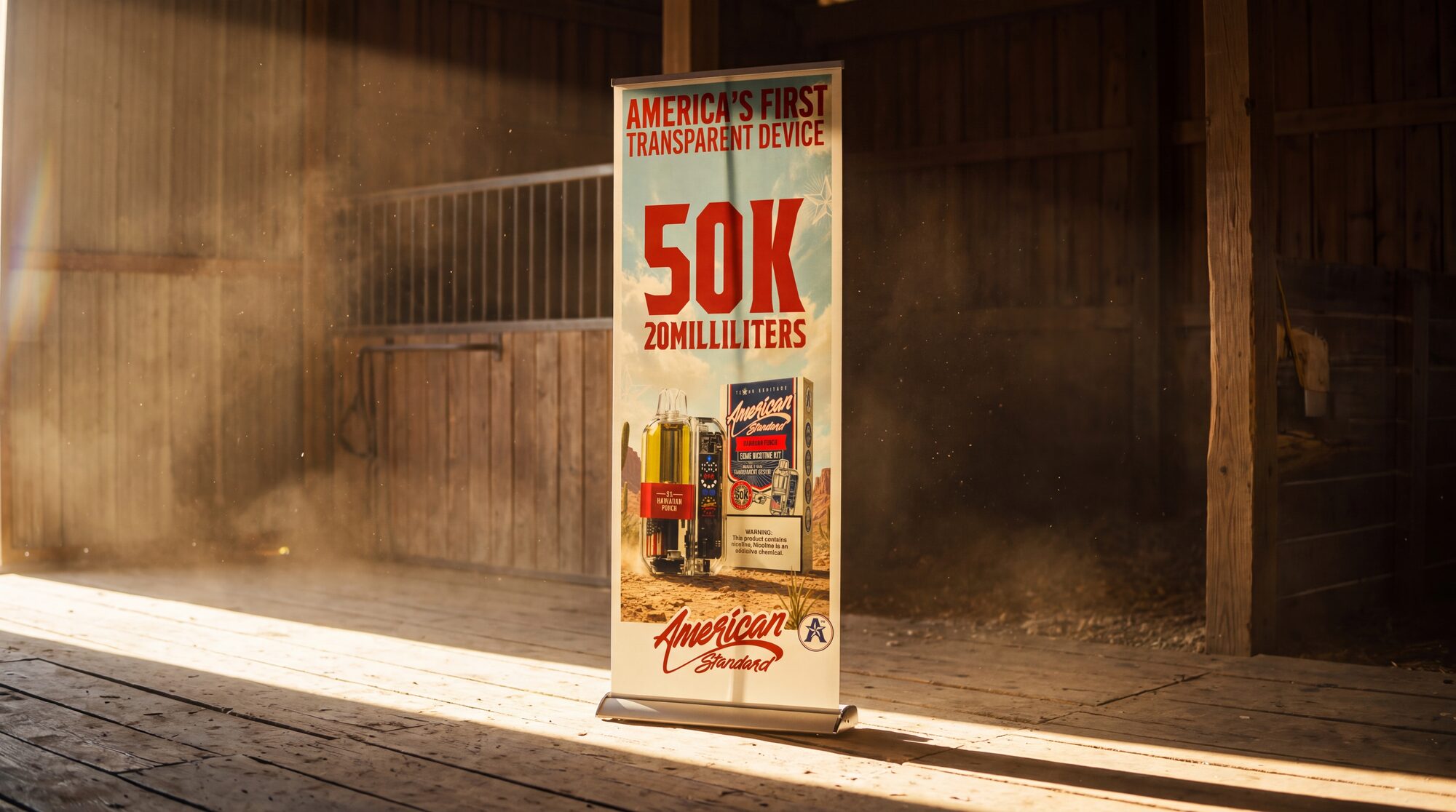 FIG.07 — the 50K Puffs pull-up banner standing in a sunlit barn, dust hanging in the light