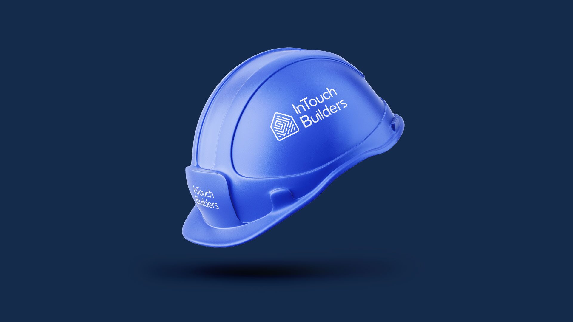 FIG.14 — a blue hard hat carrying the horizontal lockup on the side and the symbol on the brim