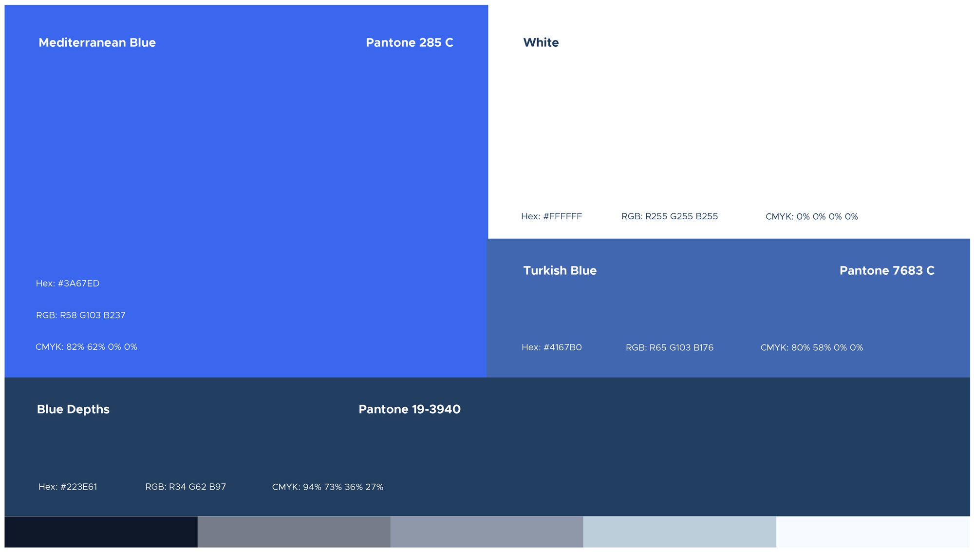 FIG.07 — the published colour board carrying Mediterranean Blue Pantone 285 C, White, Turkish Blue Pantone 7683 C and Blue Depths Pantone 19-3940 with hex, RGB and CMYK values