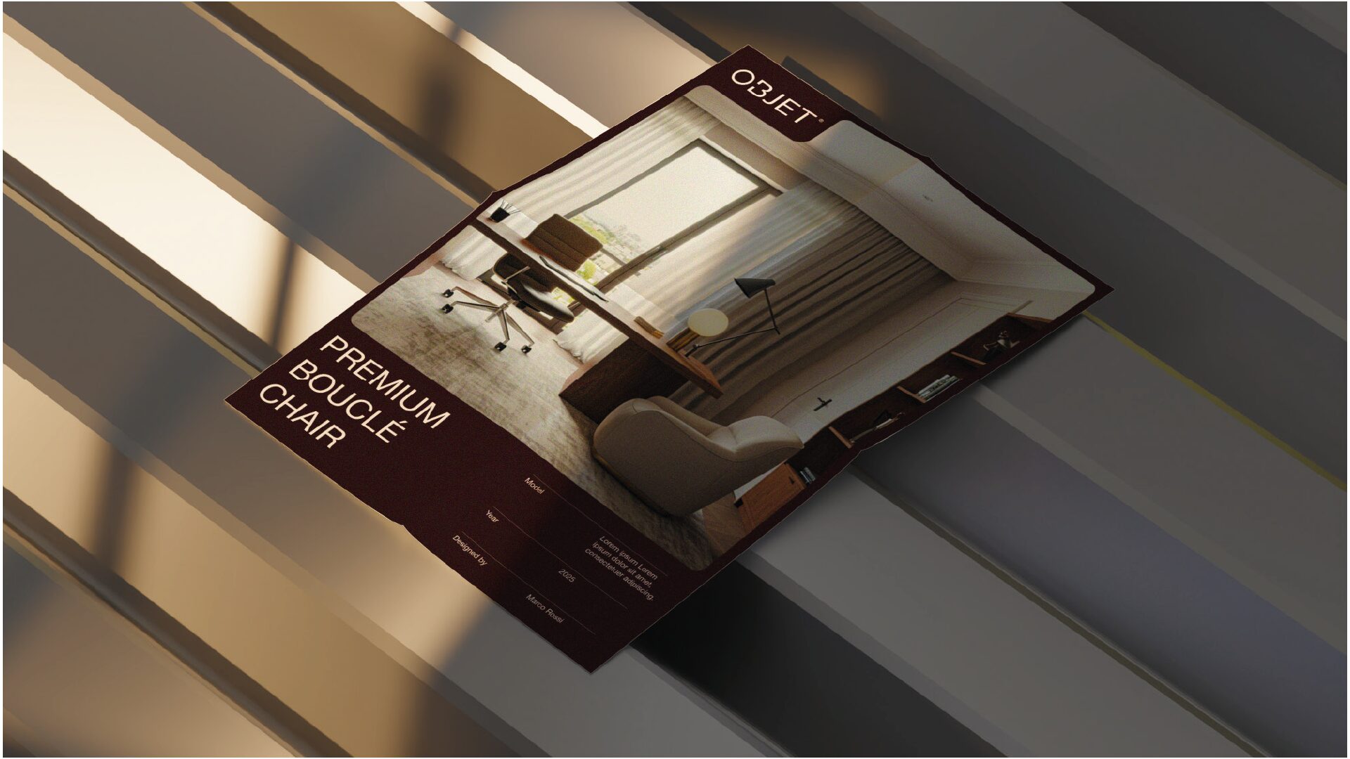 FIG.03 — the Objet product page shown angled on a soft grey surface under raking light