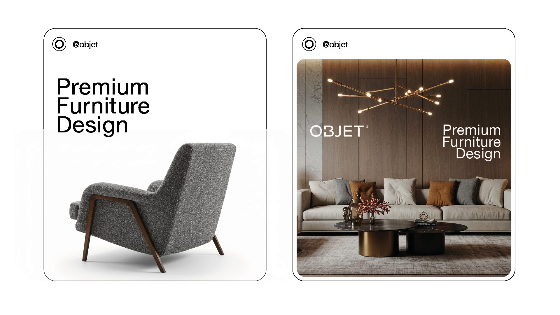 FIG.04 — two Objet social frames, one a white product cutout and one a warm interior, both carrying the same descriptor lockup