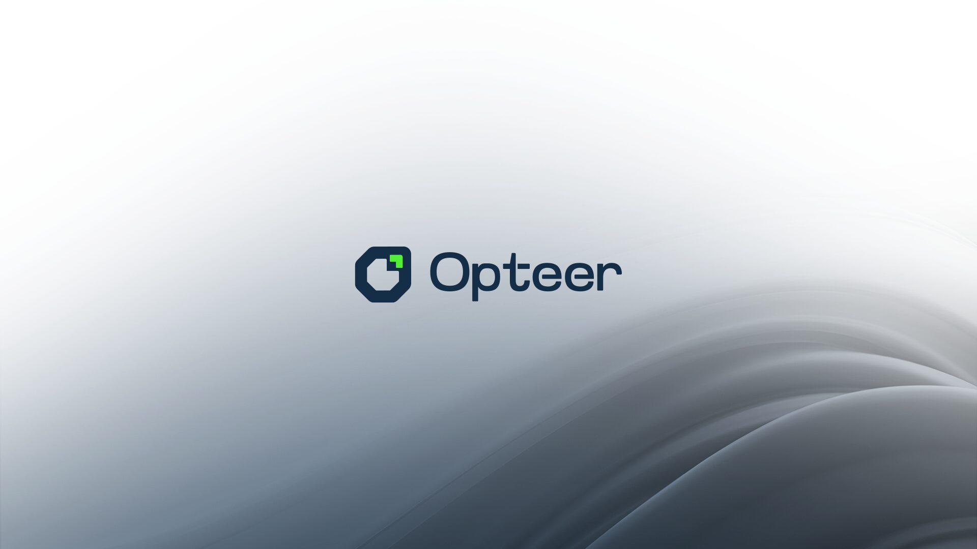 FIG.02 — the Opteer lockup in navy on a pale silver field with the same aurora rendered as soft grey folds