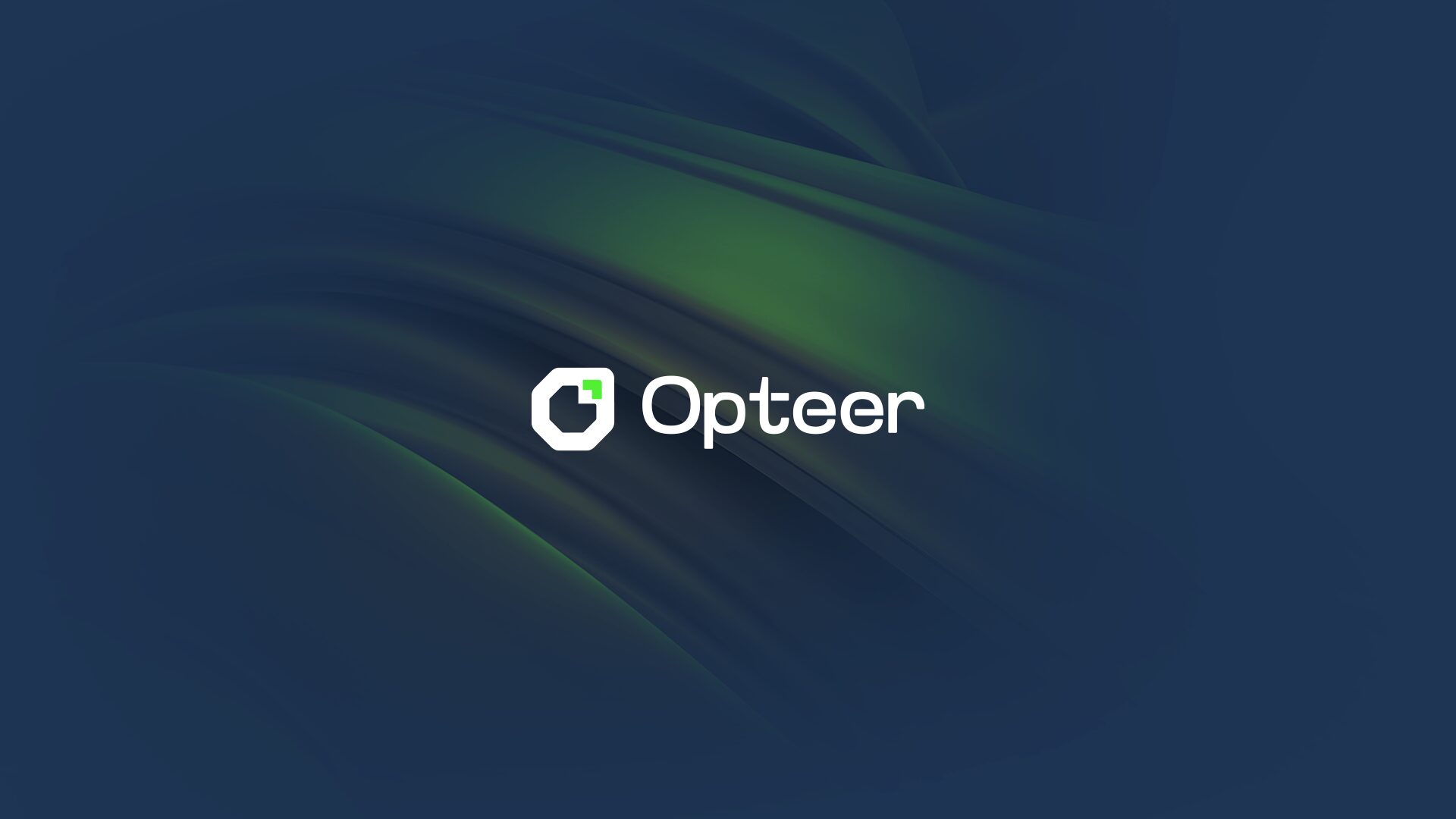 FIG.01 — the Opteer lockup in white on a navy field with a green aurora sweeping behind it