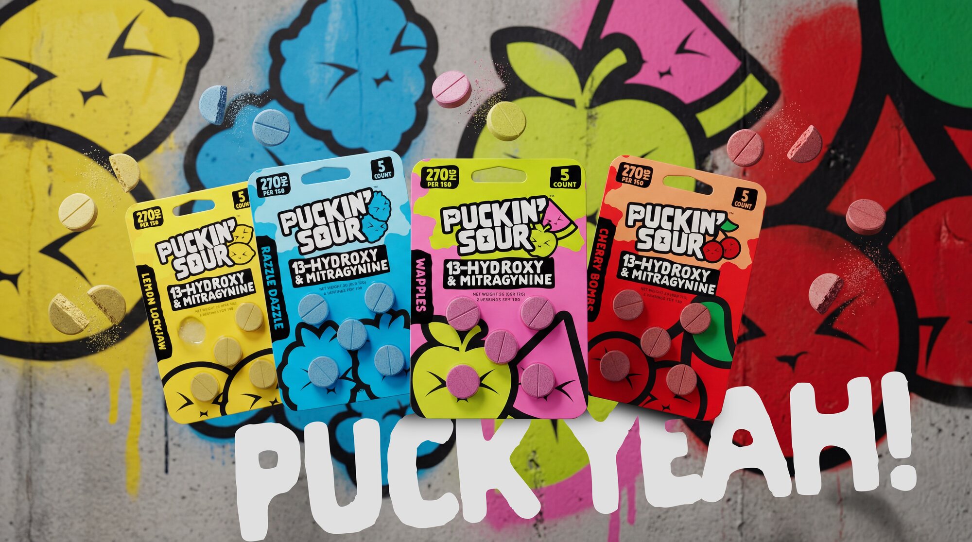 Puckin' Sour 5CT blister cards across all four flavors, shot for the product catalog