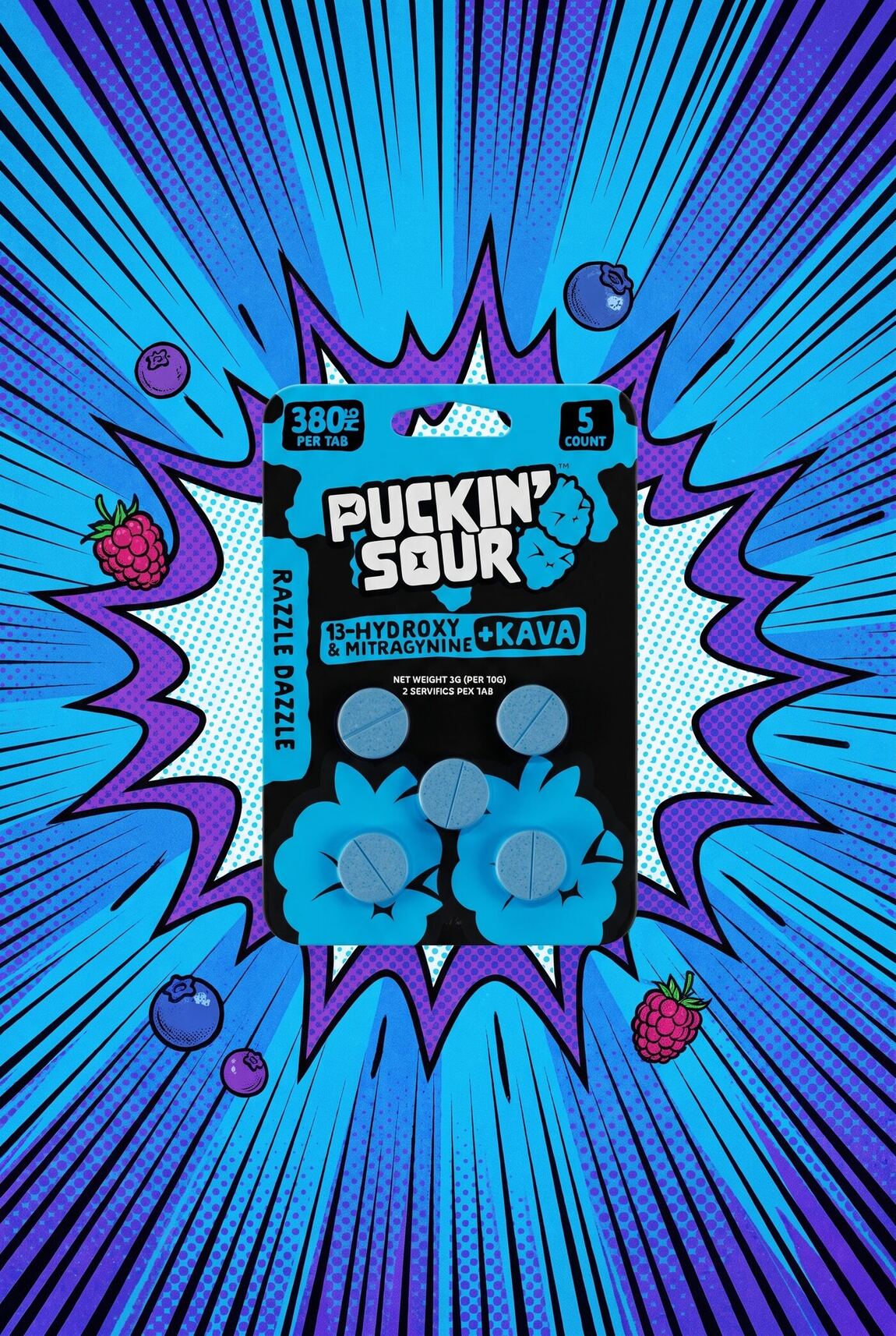FIG.04 — Razzle Dazzle blister card on an electric blue burst
