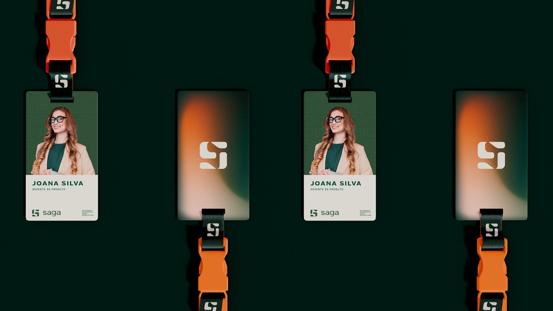FIG.09 — staff passes on coral lanyards, front and back, on a forest green ground