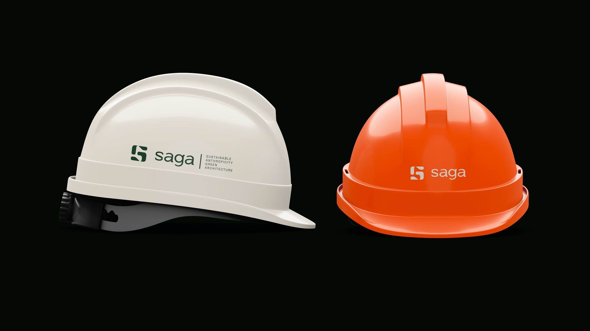 FIG.08 — two site helmets, one white and one coral, each carrying the Saga lockup