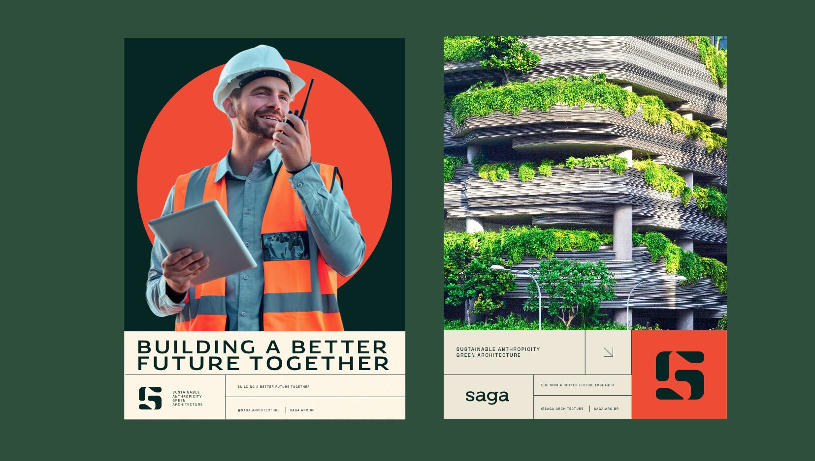 FIG.10 — a poster pair, one with a coral portrait roundel and the headline BUILDING A BETTER FUTURE TOGETHER, one with a planted facade photograph