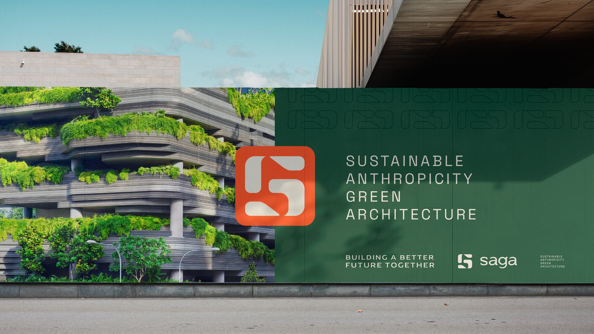 FIG.07 — green site hoarding in front of a planted terraced building, carrying the coral symbol and the practice descriptor