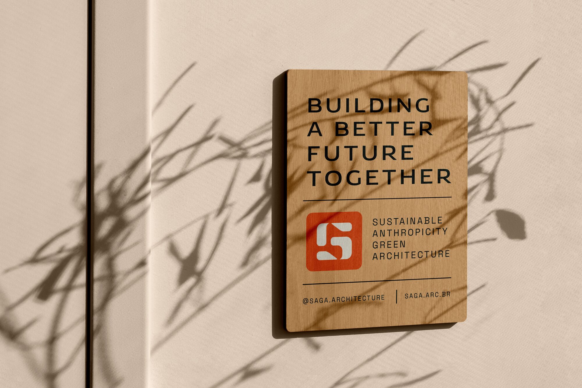 FIG.06 — a timber plaque reading BUILDING A BETTER FUTURE TOGETHER with the coral symbol tile and practice descriptor beneath